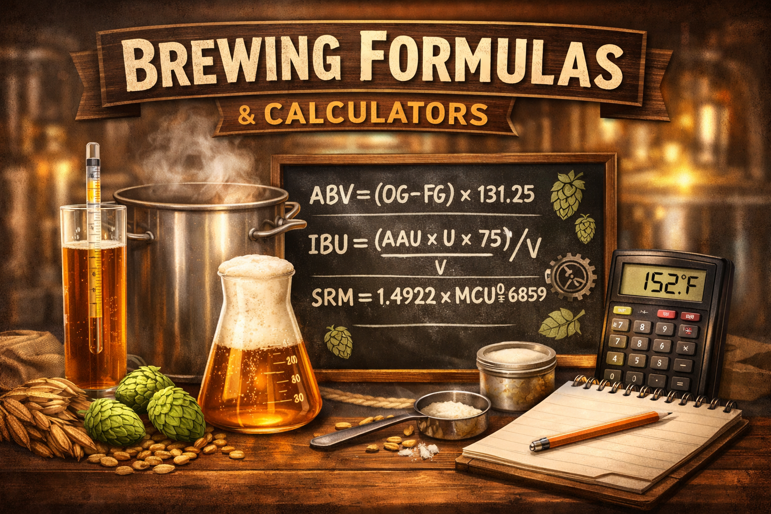Brewing formulas chart with ABV, IBU, and SRM calculations alongside beer brewing equipment like hops, hydrometer, and kettle