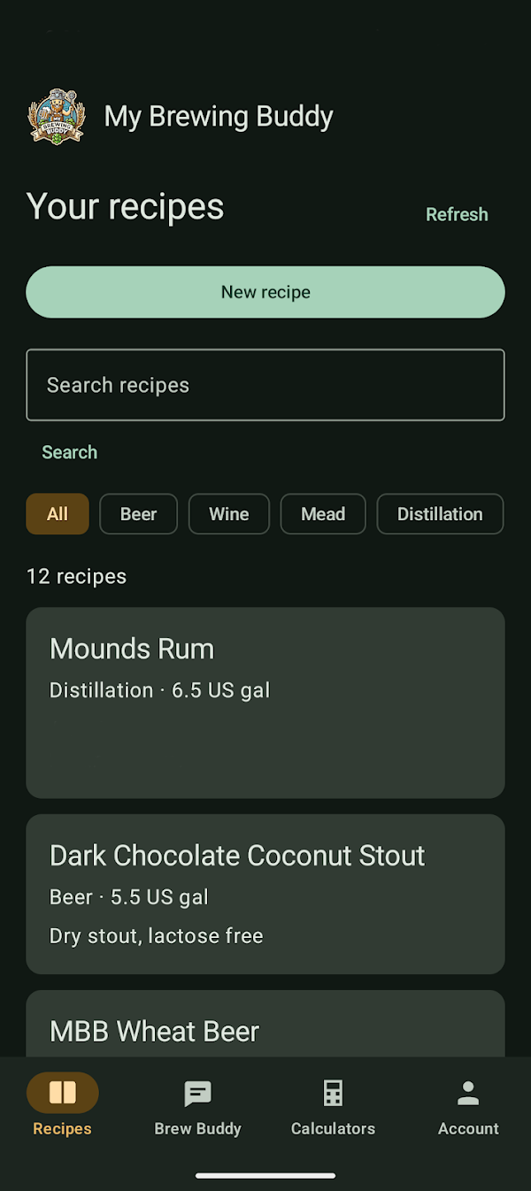 My Brewing Buddy Android app showing the recipe library, recipe search, and tabs for Brew Buddy and calculators.
